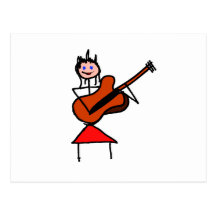 female guitar stick figure brown gtr blue eyes red post cards