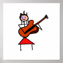 female guitar stick figure brown gtr blue eyes red print