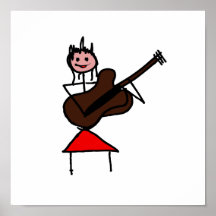 female guitar stick figure brown w pink face red posters