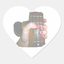 female hand holding four string bass neck faded sticker