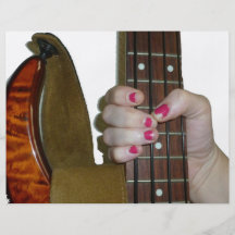 female hand holding four string bass neck flyers
