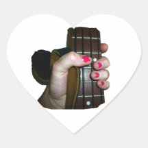 Female hand holding four string bass neck heart stickers