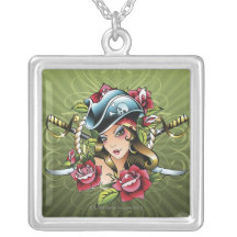 Female pirate with roses and swords personalized necklace