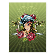 Female pirate with roses and swords postcards