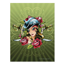 Female pirate with roses and swords postcard