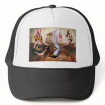 Female trapeze acrobats at circus mesh hats
