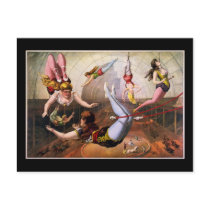 Female trapeze acrobats at circus postcards