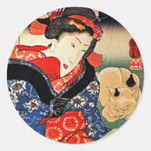 Femme avec le chat - art japonais - Utagawa Kuniyo Autocollants Ronds