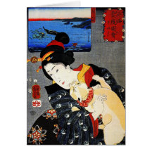 Femme avec le chat - art japonais - Utagawa Kuniyo Carte De Vœux