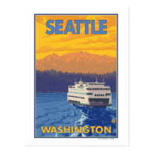 Ferry et montagnes - Seattle, Washington Cartes Postales