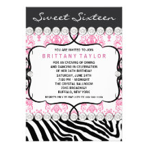 Fête d'anniversaire rose de sweet sixteen de zèbre invitations personnalisables