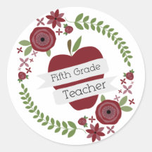 Fifth Grade Teacher Floral Wreath Red Apple Round Sticker