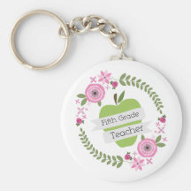 Fifth Grade Teacher Green Apple Floral Wreath Key Chain