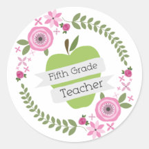 Fifth Grade Teacher Green Apple Floral Wreath Round Stickers
