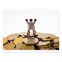 Figurine on top of a pile of coins custom announcements