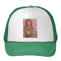 fille avec les cheveux et l'ukulélé rouges casquette de camionneur