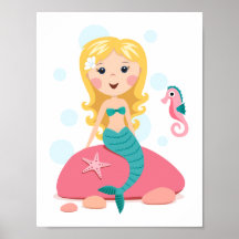 Fille blonde de bande dessinée de sirène avec l'hi posters