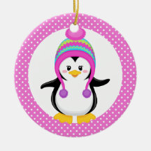 Fille rose de pingouin d'hiver de point de polka décorations pour sapins de noël