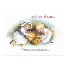 Filles et poussins dans le cru Pâques de panier Cartes Postales