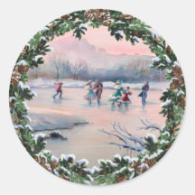 FIR BOUGHS, CONES & SKATERS by SHARON SHARPE Round Sticker