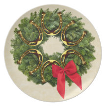 Fir Wreath with Gold Horseshoes & Red Bow Dinner Plates
