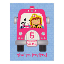 Fire Truck Birthday Girl Postcard Invitation