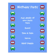 Fire Truck & Car Boys Birthday Party Invitations
