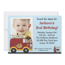 Fire Truck Monkey Photo Birthday Party Invitations