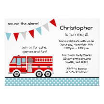 Fire Truck Polka Dot Banner Boy Birthday Party Personalized Invitation
