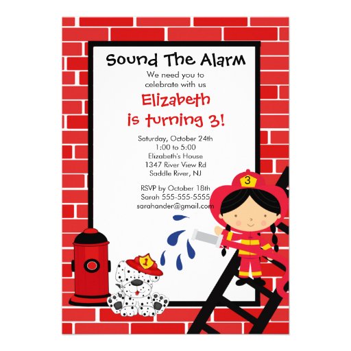 Fireman girl Firetruck Birthday Party Announcement