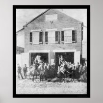 Firemen and Equipment in Front of Firehouse 1912 Poster