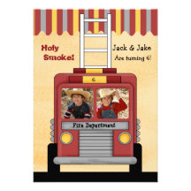 Firetruck 2 Photo Birthday Party Invitation