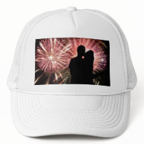 Fireworks Couple Kissing Silhouette Hats