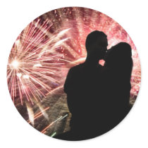 Fireworks Couple Kissing Silhouette Round Sticker