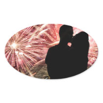 Fireworks Couple Kissing Silhouette Oval Sticker