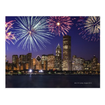 Fireworks over Chicago skyline Post Cards