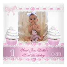 First Birthday 1st Girl White Pink Cupcake Baby 3 Announcement