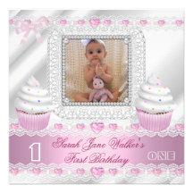 First Birthday 1st Girl White Pink Hearts Baby Custom Invite