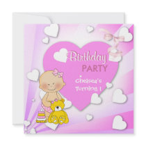 First Birthday 1st Party Cute Pink Hearts Girls 2 Invitations