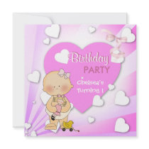 First Birthday 1st Party Cute Pink Hearts Girls Personalized Announcement