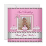 First Birthday Girl Pink Cupcakes White Baby Personalized Announcement