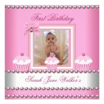 First Birthday Girl Pink Cupcakes White Baby Personalized Announcement