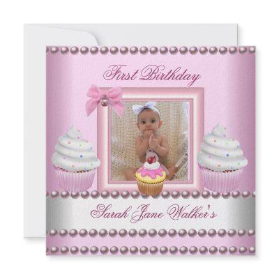 First Birthday Girl Pink Cupcakes White Pearl Baby Personalized Announcements by Zizzago
