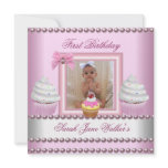 First Birthday Girl Pink Cupcakes White Pearl Baby invitations