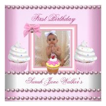 First Birthday Girl Pink Cupcakes White Pearl Baby Personalized Announcements