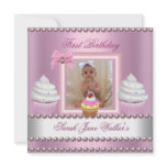 First Birthday Girl Pink Cupcakes White Pearl Personalized Invitation