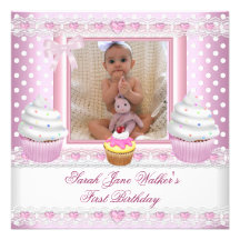First Birthday Girl Pink Cupcakes White Spot Baby Personalized Announcements