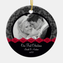 First Christmas Photo Ornament Couple Black Damask