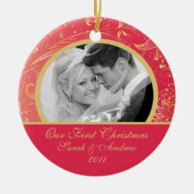 First Christmas Photo Ornament Gold Floral Red