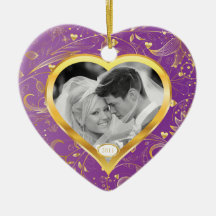 First Christmas Photo Ornament Gold Heart Magenta